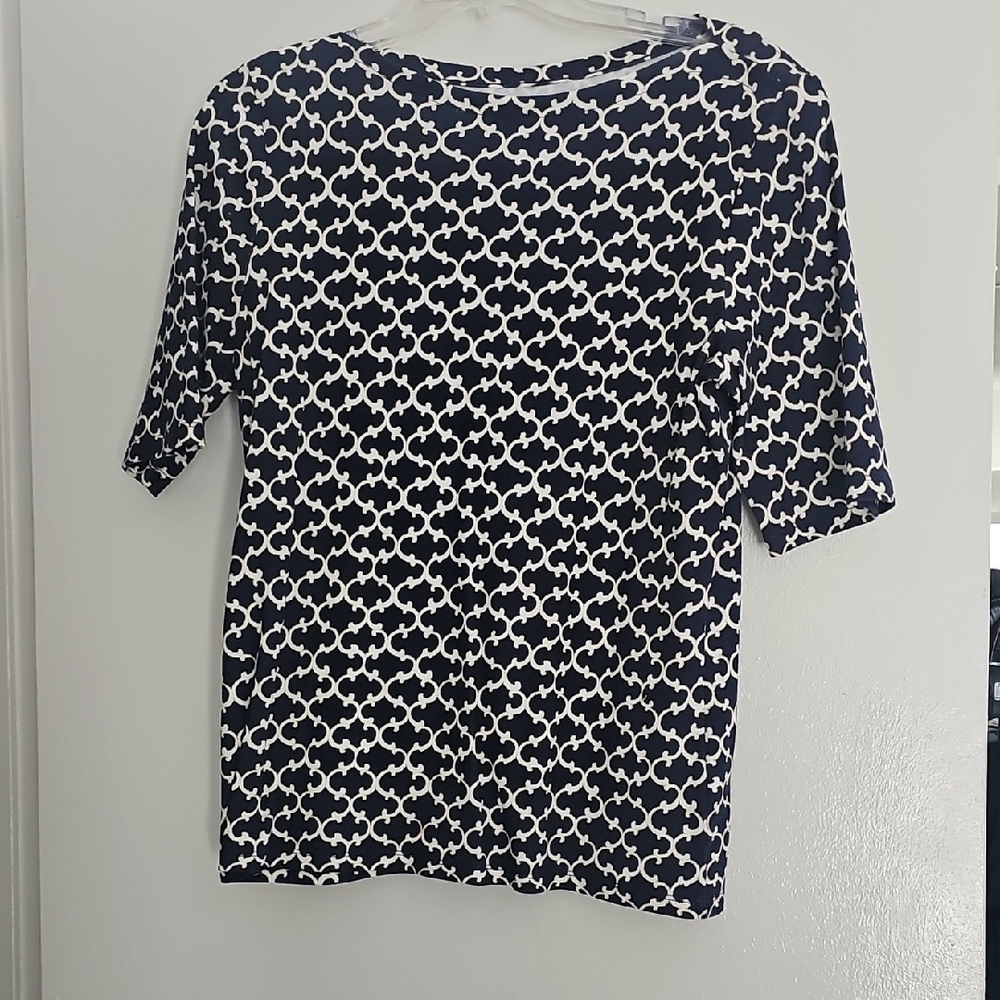 Pima Cotton Chart Club Luxury Navy, White and Gold Patterned Women's Top Size M